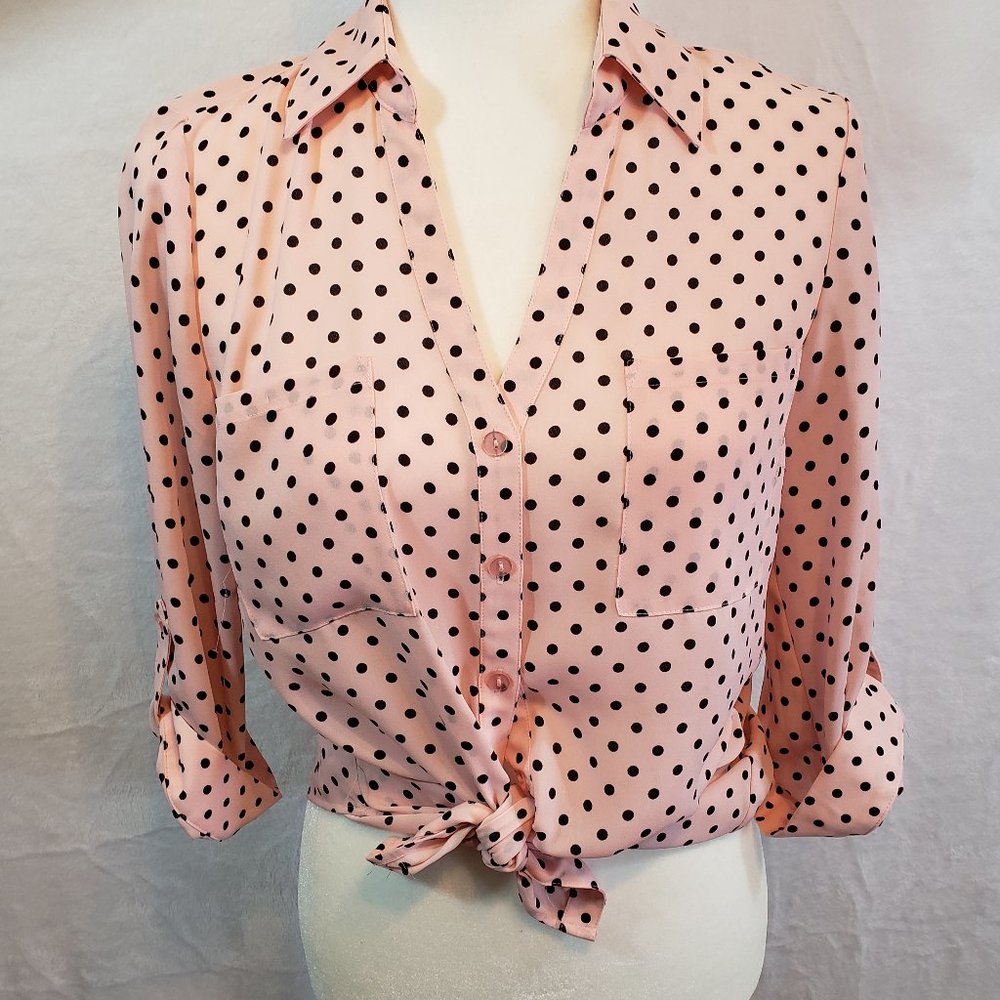 IZ Byer Pink and Black Poke-dot Blouse Small